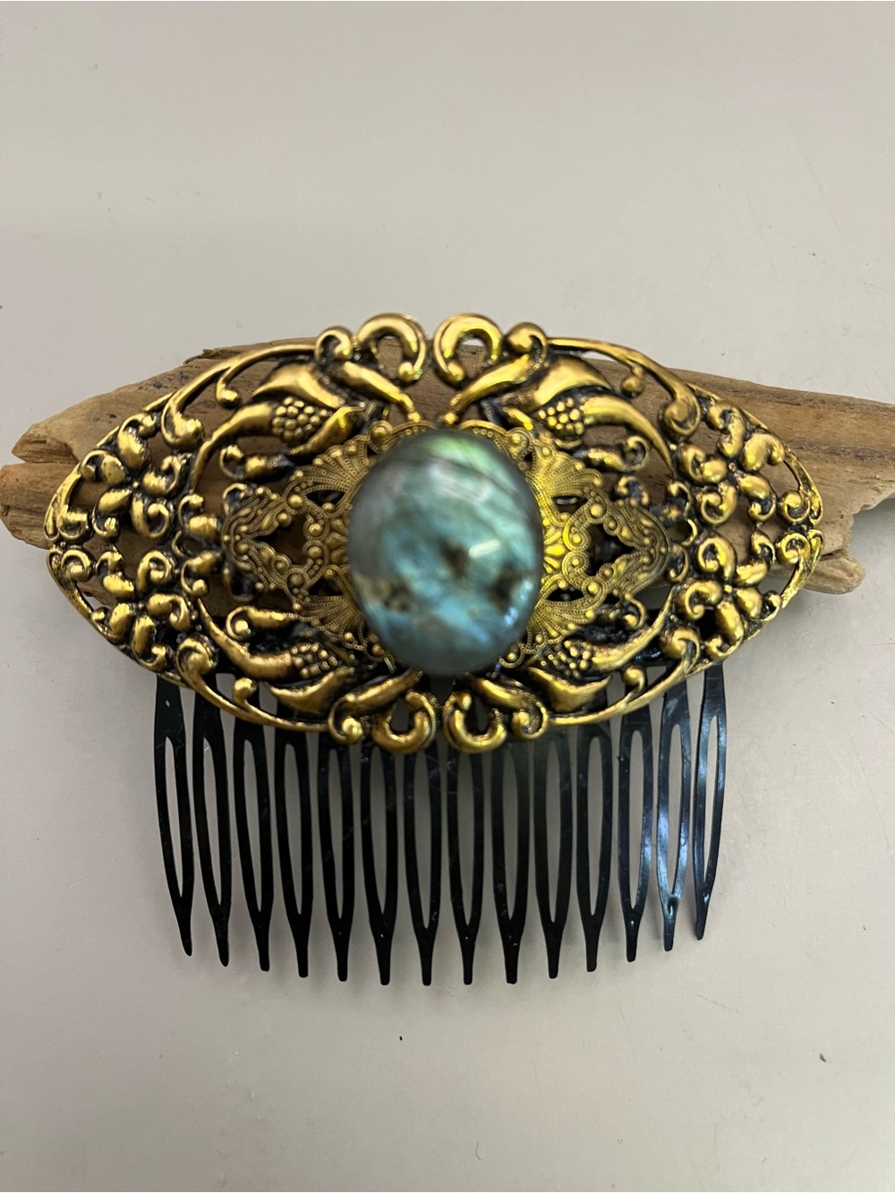 Vintage Brass Filigree Hair Comb Genuine Labradorite Cabochon Boho Victorian